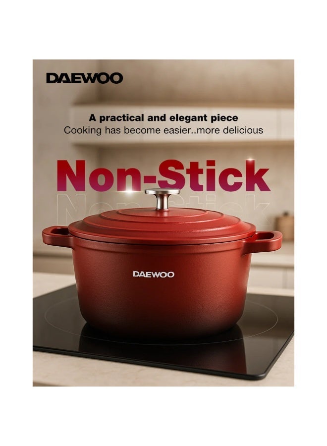 Daewoo 28cm Die-Cast Aluminum Casserole Pot with Lid, Non-Stick Granite Stone Coating, Full Induction Base, Oven-Safe, Red, Chemical-Free - Image 5