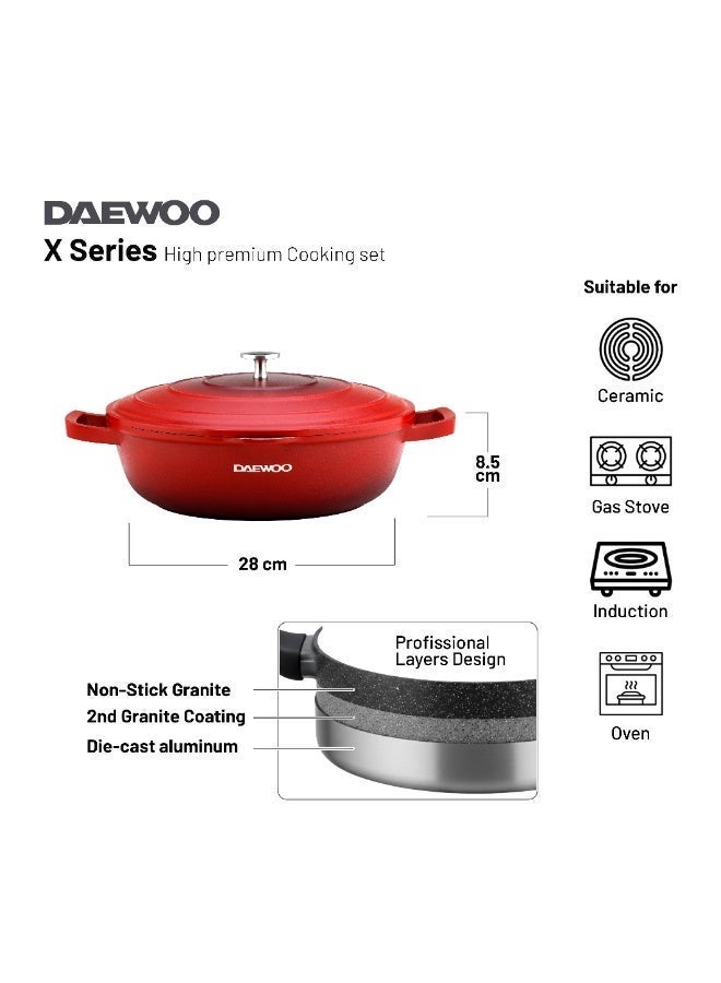 Daewoo 28cm Die-Cast Aluminum Casserole Pot with Lid, Non-Stick Granite Stone Coating, Full Induction Base, Oven-Safe, Red, Chemical-Free - Image 2