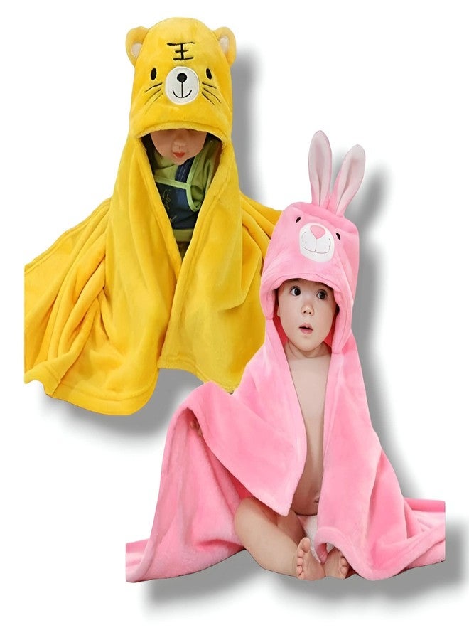 BRANDONN Baby's Tiger and Rabbit Design Hooded All Season Wrapper Cum Baby Bath Towel ( Yellow , Pink ) - Pack of 2 - Image 1