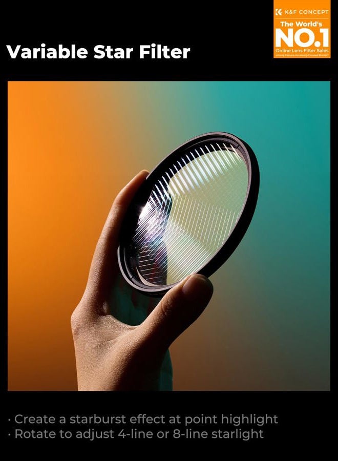 K&F Concept 82mm Variable Star Filter Cross Screen Starburst Filter 4, 8 Points -18 Layer Coating Ultra Slim Optical Glas Camera Lens Filter with 3 Cleaning Cloth - Image 2