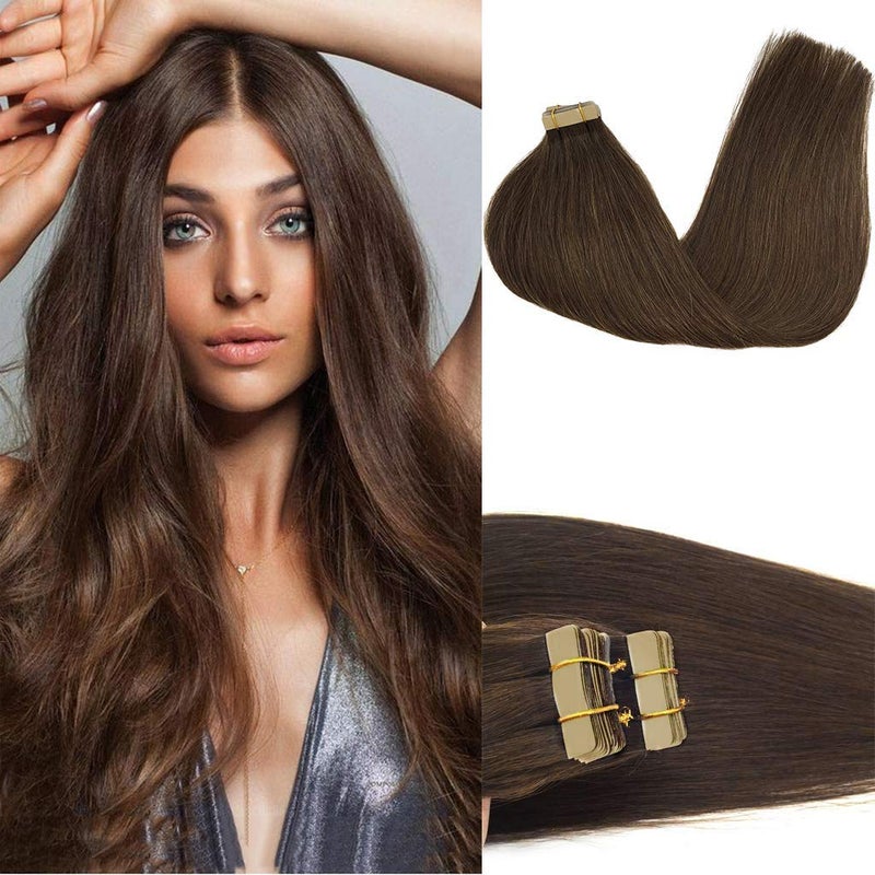 GOO GOO Tape in Hair Extensions Human Hair 4A Chocolate Brown 24inch 50g 20pcs Skin Weft Seamless Invisible Silky Straight with Thick Ends Remy Human Hair
