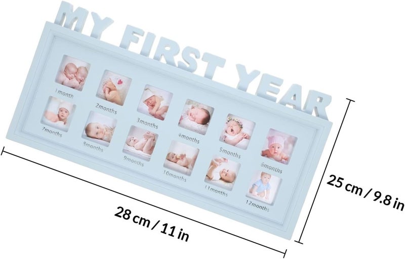 SECFOU 12 Months Photo Frame and Growth Record Frame for Boys, Creative 3d Alphabet Design, Blue Keepsake for Newborn Monthly Milestones and First Year Memories - Image 2