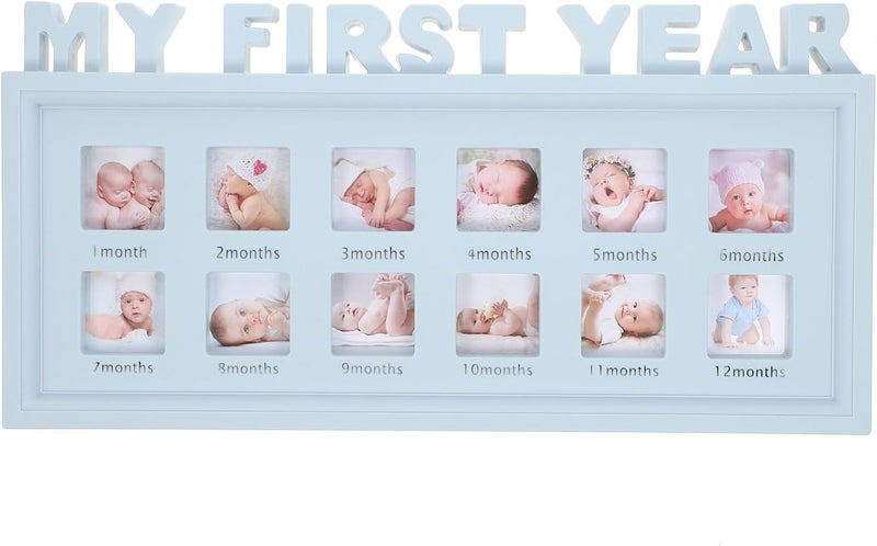SECFOU 12 Months Photo Frame and Growth Record Frame for Boys, Creative 3d Alphabet Design, Blue Keepsake for Newborn Monthly Milestones and First Year Memories - Image 1
