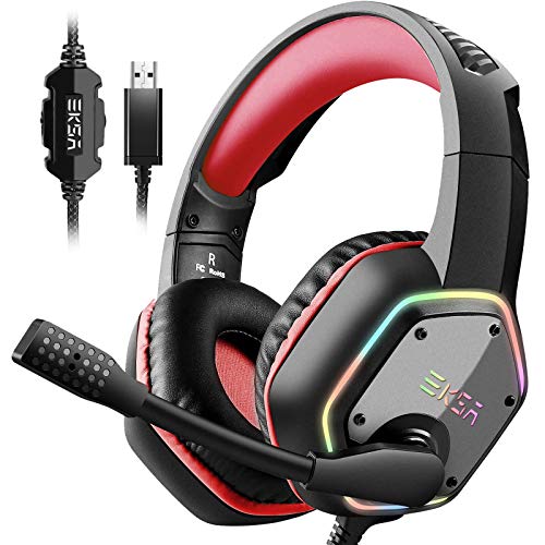 EKSA E1000 Gaming Headset, Computer Headphones with Noise Canceling Mic & RGB Light, 7.1 Surround Sound, Compatible with PC, PS4 PS5 Console, Laptop (Red) - Image 1