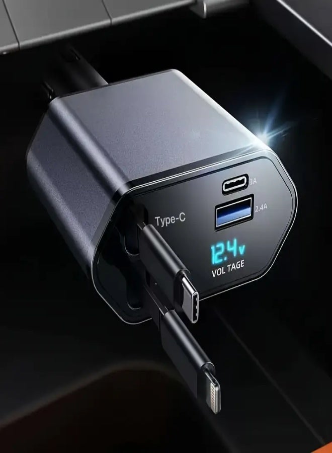 AROAQ 4-in-1 Retractable Car Charger with Fast Charging, Dual USB Ports & LED Voltage Display – 180° Rotating Plug with 2 Built-in Cables – Compatible with iPhone 16/15/14/13/12, Android & USB-C Devices - Image 3