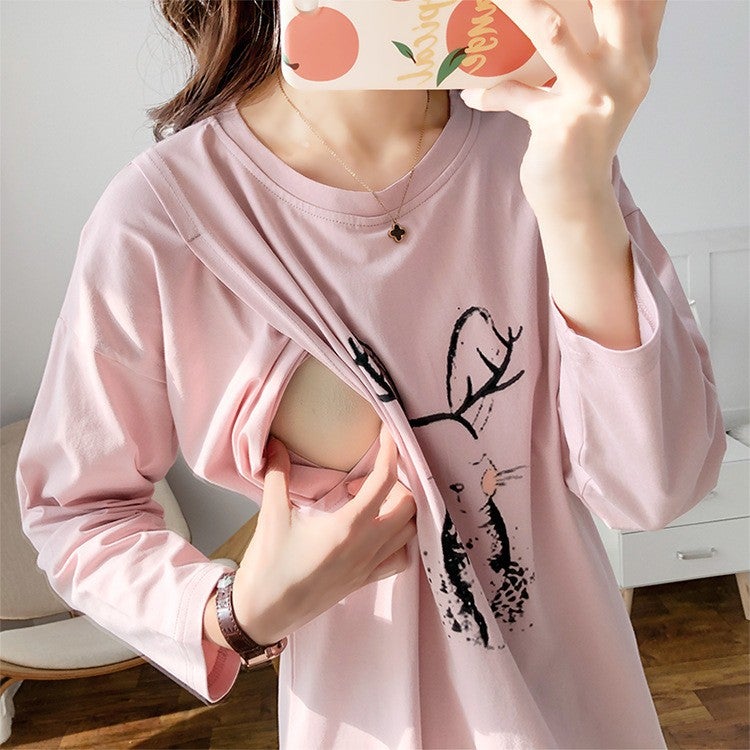 Postpartum Nursing Top Thin Long Sleeve Tee for New Moms pink# ink rabbit 
