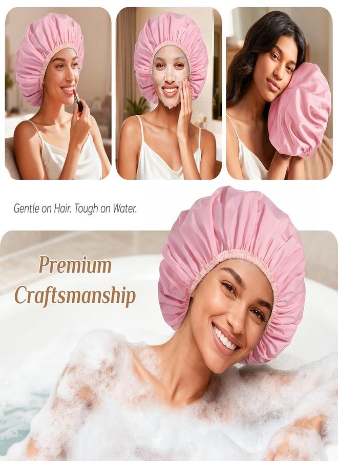 Supaze Extra Large Waterproof Shower Cap for Women, Double Layer Satin Lined Hair Bonnet for Curly Hair, Reusable Bath Cap with Elastic Edge for Long Thick Hair (Pink) - Image 4