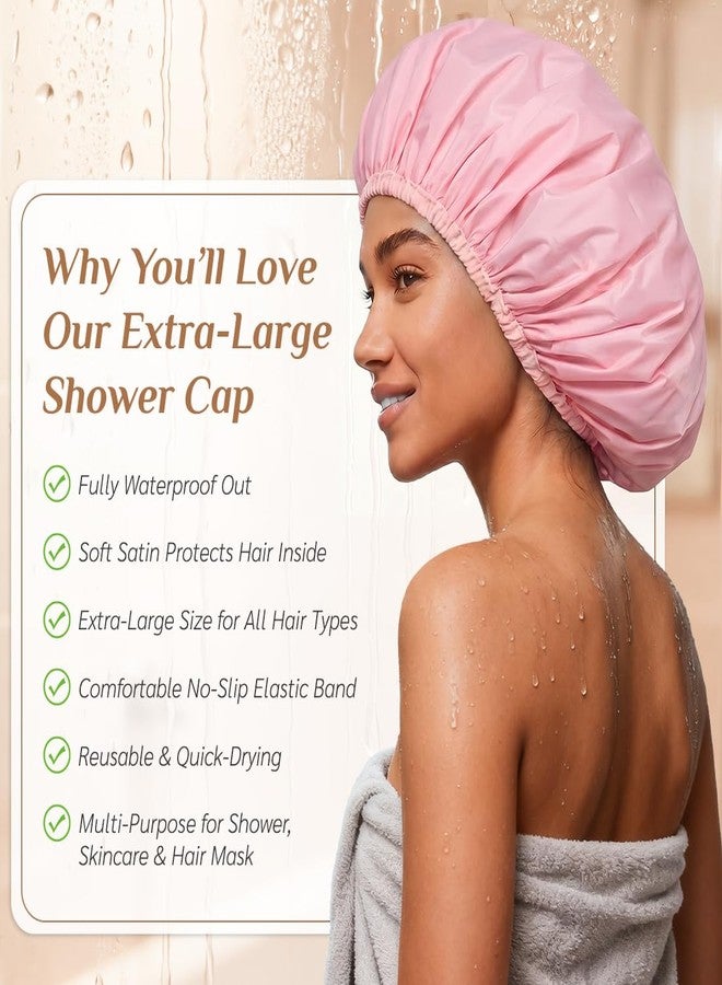 Supaze Extra Large Waterproof Shower Cap for Women, Double Layer Satin Lined Hair Bonnet for Curly Hair, Reusable Bath Cap with Elastic Edge for Long Thick Hair (Pink) - Image 5