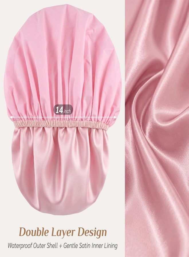 Supaze Extra Large Waterproof Shower Cap for Women, Double Layer Satin Lined Hair Bonnet for Curly Hair, Reusable Bath Cap with Elastic Edge for Long Thick Hair (Pink) - Image 2