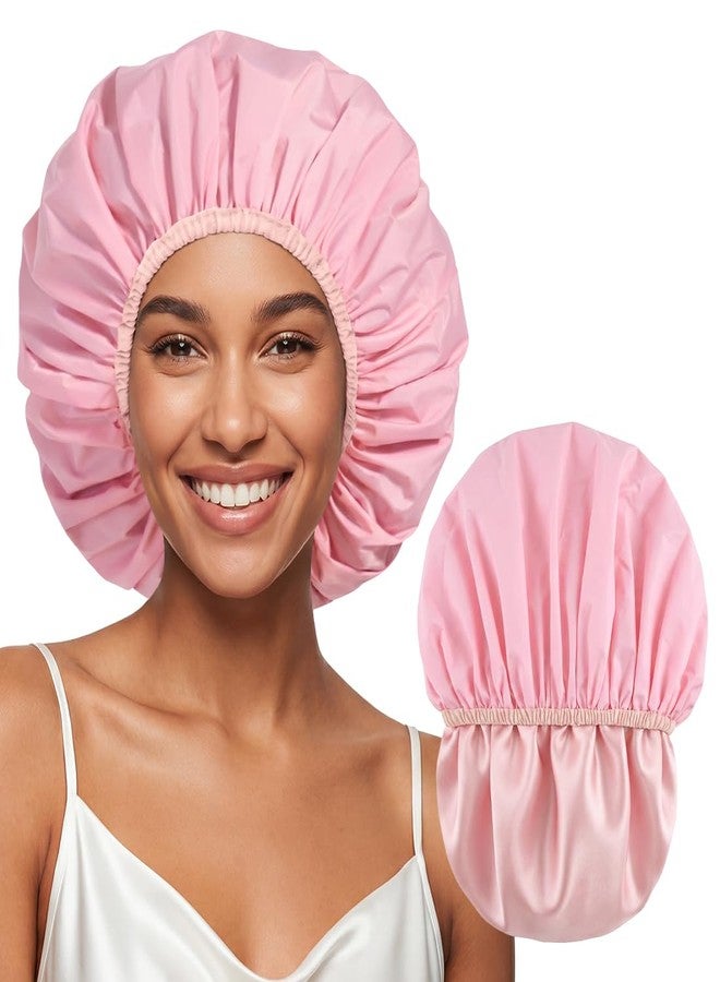 Supaze Extra Large Waterproof Shower Cap for Women, Double Layer Satin Lined Hair Bonnet for Curly Hair, Reusable Bath Cap with Elastic Edge for Long Thick Hair (Pink) - Image 1