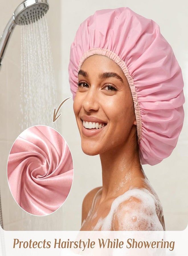 Supaze Extra Large Waterproof Shower Cap for Women, Double Layer Satin Lined Hair Bonnet for Curly Hair, Reusable Bath Cap with Elastic Edge for Long Thick Hair (Pink) - Image 3