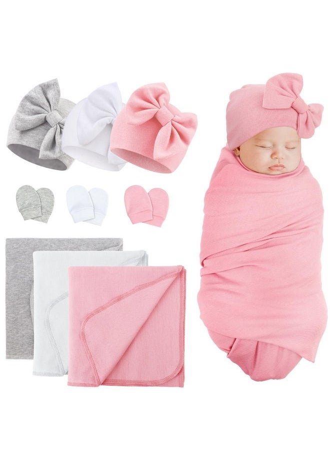 DRESHOW DRESHOW BQUBO Newborn Receiving Blankets Cotton Warm Sleepsack with Mittens & Bow Hats Hospital Baby Swaddling Shower Gift  - Image 1