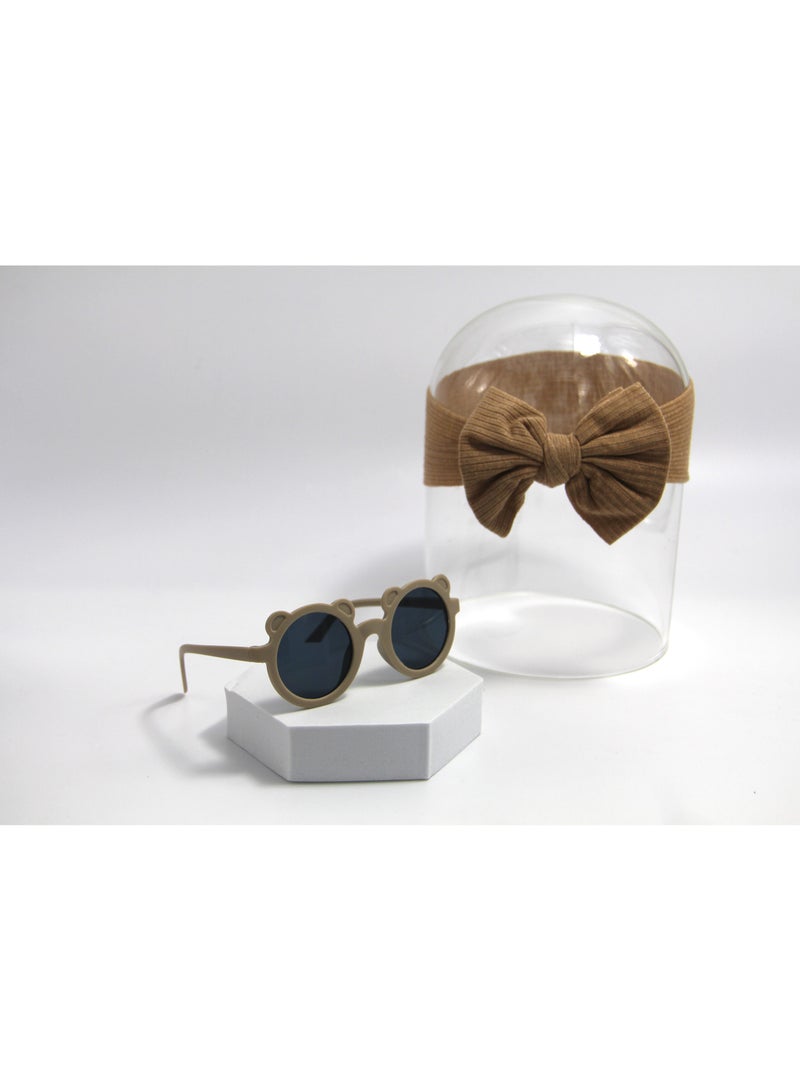 D'Daniela Leila Glasses and Bow Barrette Ponytail Set For Babies and Girls -Brown
