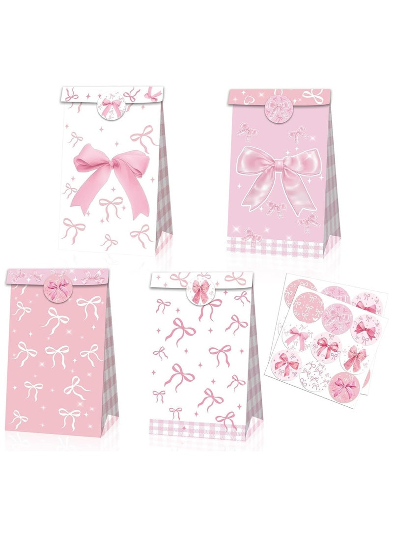 عام **12 كيس هدايا وردي بأربطة ومقابض، أكياس ورقية بأربطة لطيفة، مناسبة لهدايا الحفلات، الزفاف، أعياد الميلاد، حفلات الأطفال، وأكياس الوجبات الخفيفة للفتيات.** - Image 1