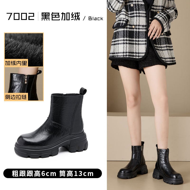 Thick-Soled Genuine Leather Martin Boots Women'S Easiest For Match British Style Slim Boots Round Toe High Heel Short Boots - Image 1