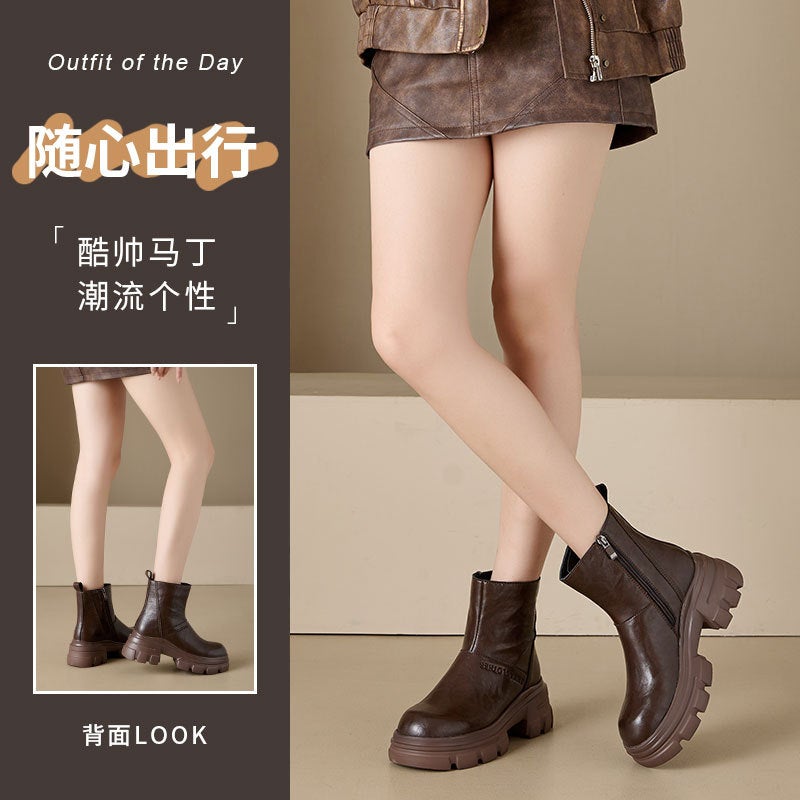 Thick-Soled Genuine Leather Martin Boots Women'S Easiest For Match British Style Slim Boots Round Toe High Heel Short Boots - Image 3