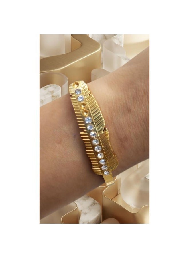 Golden Feather Textured Bangle with Mixed Crystal and Topaz Stones, Gold Plated Stainless Steel