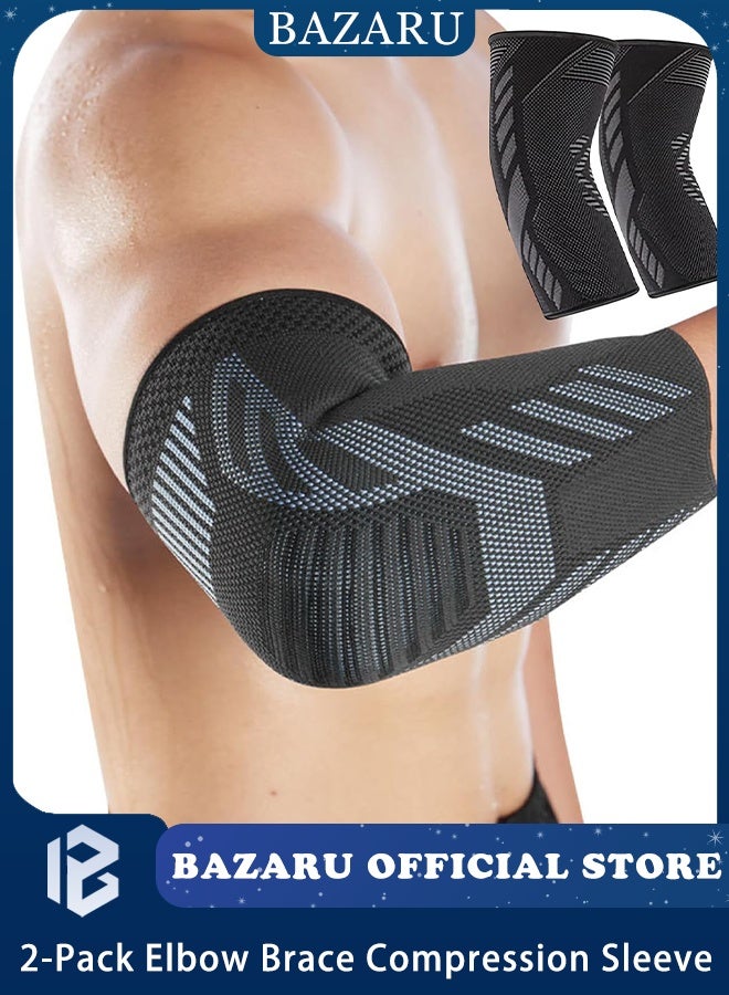 BAZARU 2-Pack Elbow Brace Compression Sleeve  – Adjustable Support for Tennis Elbow, Tendonitis & Arthritis Pain Relief, Breathable Elbow Pads for Gym, Basketball, Golf, Weightlifting (Large) - Image 1