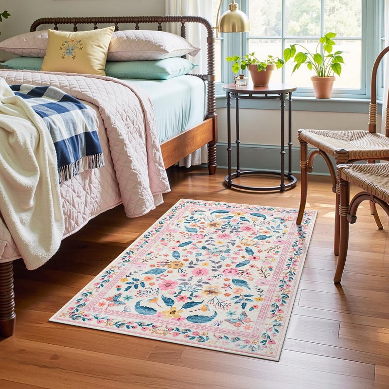 Terrug 2x3 Pink Floral Area Rug for Entryway,Boho Machine Washable Throw Rugs with Non-Slip Blacking for Kitchen,Small Flower Carpet for Bedroom Front Door Laundry Floor Decor - Image 3