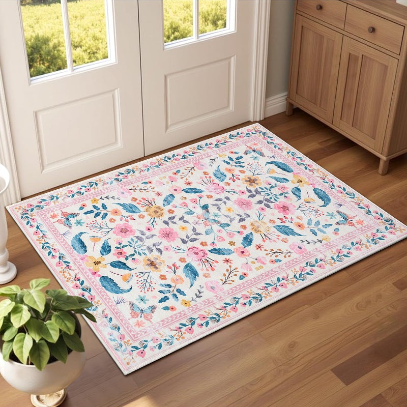 Terrug 2x3 Pink Floral Area Rug for Entryway,Boho Machine Washable Throw Rugs with Non-Slip Blacking for Kitchen,Small Flower Carpet for Bedroom Front Door Laundry Floor Decor - Image 1