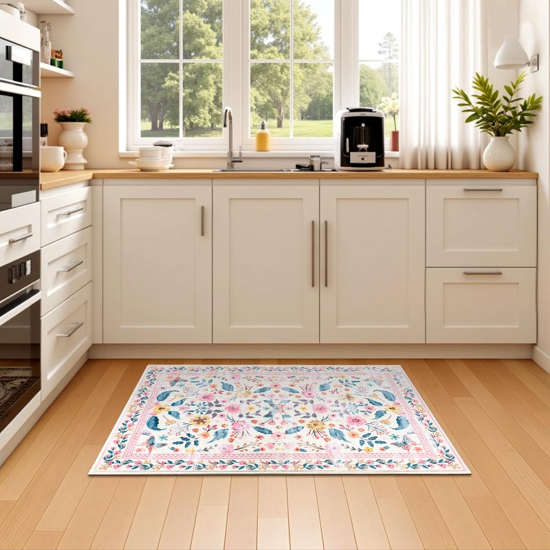 Terrug 2x3 Pink Floral Area Rug for Entryway,Boho Machine Washable Throw Rugs with Non-Slip Blacking for Kitchen,Small Flower Carpet for Bedroom Front Door Laundry Floor Decor - Image 4