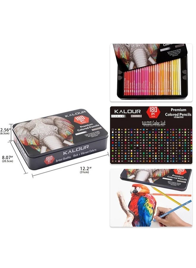 KALOUR 180 Colored Pencil Set for Adults Artists kids- 3.3mm Rich Pigment Soft Core -12 Metallic Pencil - Wax-Based - Ideal for Coloring Drawing Sketching Shading Blending - Vibrant Color（Tin Case）