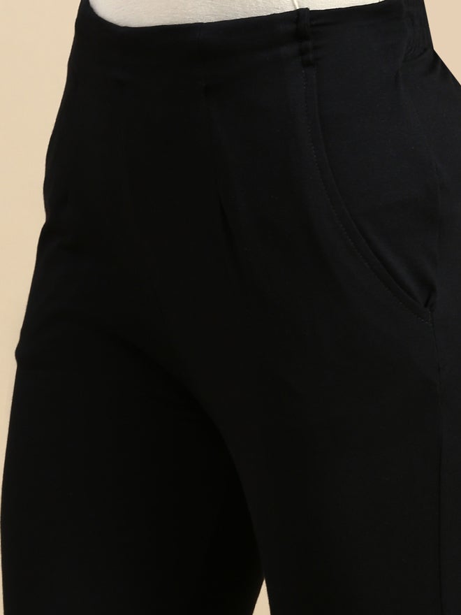 De Moza Black Solid Knit Cotton Blend Pants - Image 5