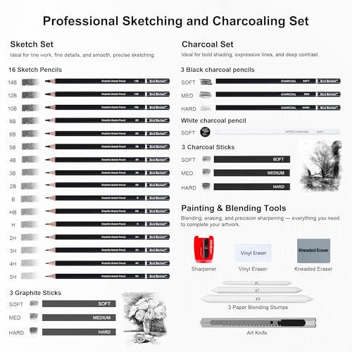 Kird Barken 33 Piece Sketching Pencil Set 5H to 14B Pencils Charcoal Pencils Charcoal SticksGraphite SticksPainting tools drawing pencil set for Beginners Artists Students Kids - Image 3
