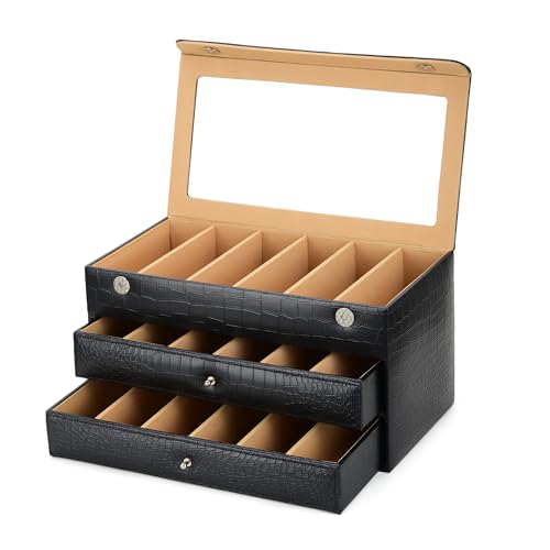 essart Faux Leather Croro-Finish-Print Sunglasses case Double Storey Magnetic Closure Sunglasses Box Organizer, Transparent lid Feature (SG-005-Black) - Image 1