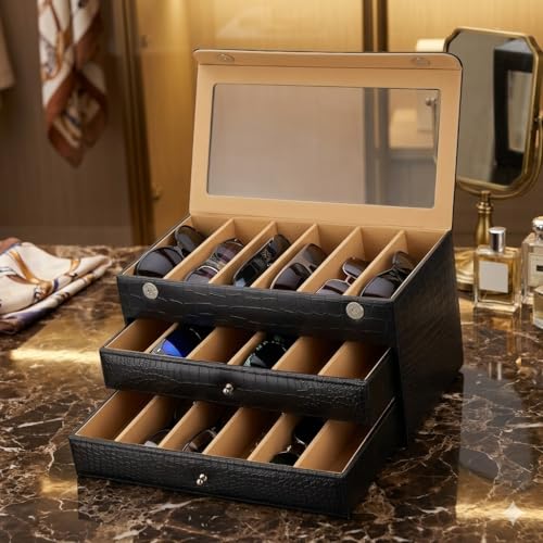 essart Faux Leather Croro-Finish-Print Sunglasses case Double Storey Magnetic Closure Sunglasses Box Organizer, Transparent lid Feature (SG-005-Black) - Image 2