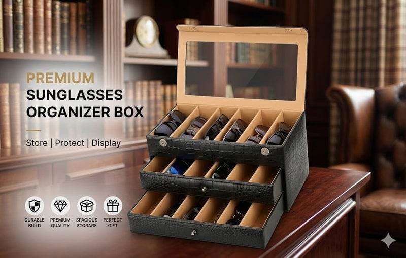 essart Faux Leather Croro-Finish-Print Sunglasses case Double Storey Magnetic Closure Sunglasses Box Organizer, Transparent lid Feature (SG-005-Black) - Image 5