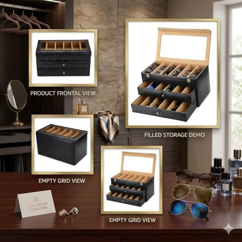 essart Faux Leather Croro-Finish-Print Sunglasses case Double Storey Magnetic Closure Sunglasses Box Organizer, Transparent lid Feature (SG-005-Black) - Image 4