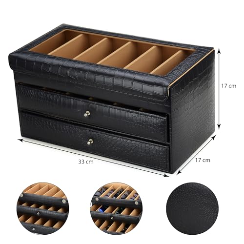 essart Faux Leather Croro-Finish-Print Sunglasses case Double Storey Magnetic Closure Sunglasses Box Organizer, Transparent lid Feature (SG-005-Black) - Image 3