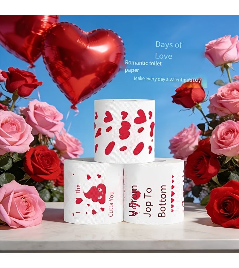 Set Of 3 Mixed Color Roll Of Colorful Heart Printed Sanitary Tissue Paper Creative Gift For Wedding - Image 4