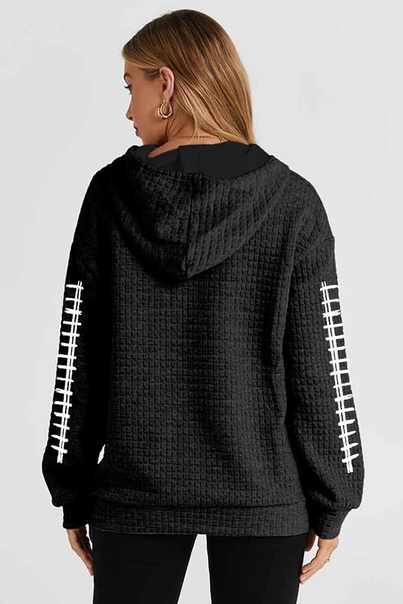 VILOVE Game Day Hooded Sweatshirt Women: Funny Football Graphic Sweatshirt Waffle Knit Game Day Pullover Hoodies Long Sleeve A-black - Image 4