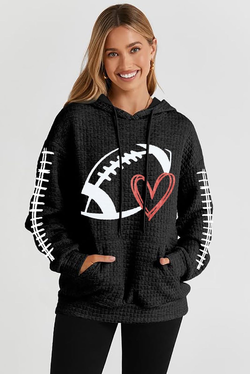 VILOVE Game Day Hooded Sweatshirt Women: Funny Football Graphic Sweatshirt Waffle Knit Game Day Pullover Hoodies Long Sleeve A-black - Image 3