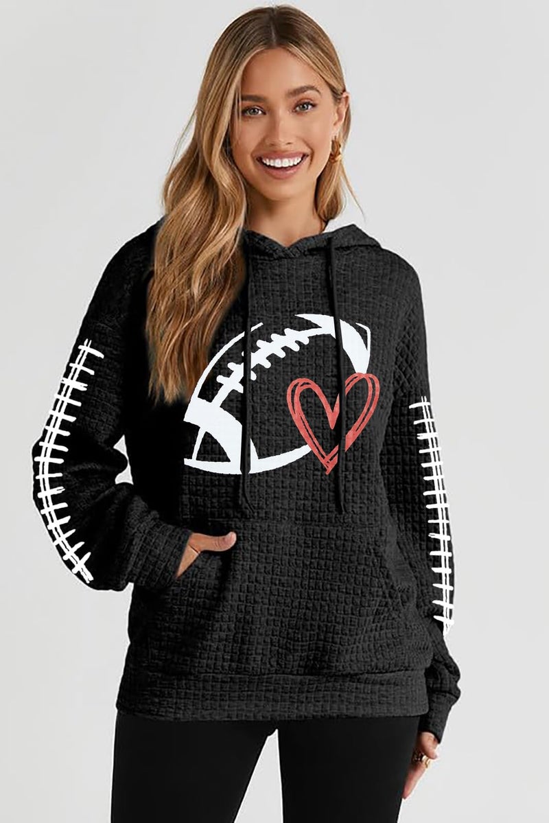 VILOVE Game Day Hooded Sweatshirt Women: Funny Football Graphic Sweatshirt Waffle Knit Game Day Pullover Hoodies Long Sleeve A-black - Image 2
