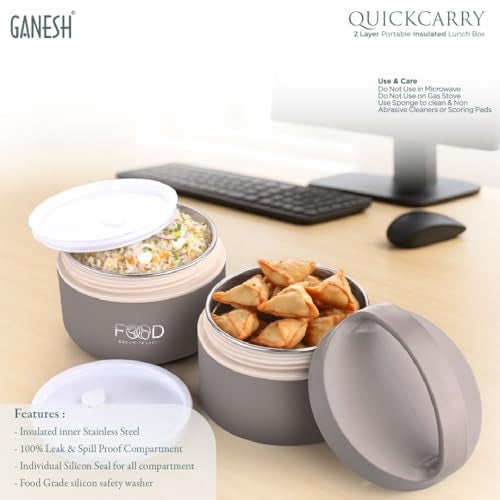 Ganesh Quick Carry 2 Layer Portable Insulated Food Container Airtight Leak-Proof Lunch Box for Office, School, Picnic (750ml) Green - Image 5