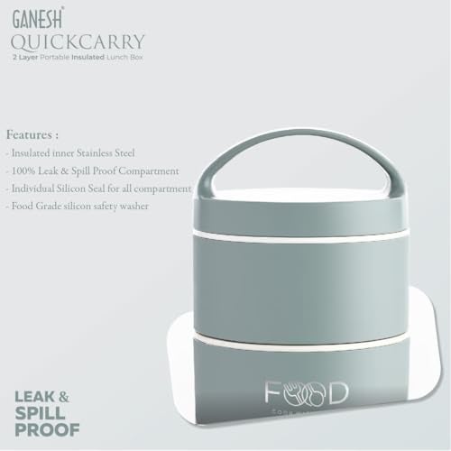 Ganesh Quick Carry 2 Layer Portable Insulated Food Container Airtight Leak-Proof Lunch Box for Office, School, Picnic (750ml) Green - Image 2