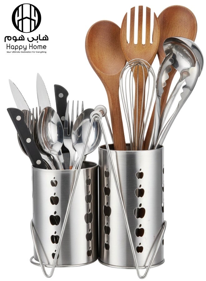 هابي هوم حامل أدوات المائدة 2 في 1 من الفولاذ المقاوم للصدأ مع تجفيف سريع – منظم ملاعق وشوك وأدوات الطهي بقاعدة ثابتة وتصريف مدمج للحفاظ على أدوات المطبخ جافة ومرتبة – تصميم أنيق ومتين للمطبخ العصري والكونترتوب - Image 1