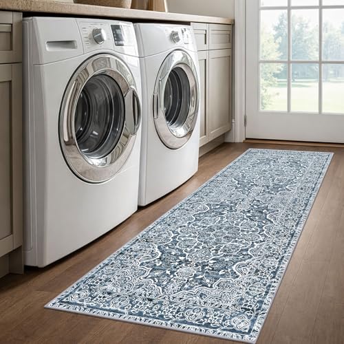 KUTA Vintage Washable Runner Rug, 2x6 Blue White Runners for Hallways Non-Slip Kitchen Rugs Ultra Soft Printed Distressed Floral Floor Carpet for Laundry Bedroom Living Room Nursery - Image 4