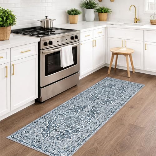 KUTA Vintage Washable Runner Rug, 2x6 Blue White Runners for Hallways Non-Slip Kitchen Rugs Ultra Soft Printed Distressed Floral Floor Carpet for Laundry Bedroom Living Room Nursery - Image 3
