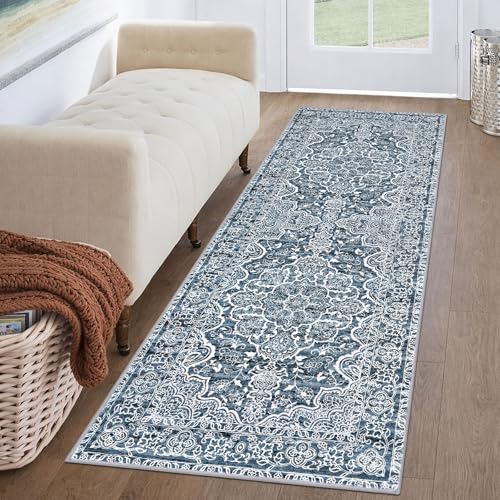 KUTA Vintage Washable Runner Rug, 2x6 Blue White Runners for Hallways Non-Slip Kitchen Rugs Ultra Soft Printed Distressed Floral Floor Carpet for Laundry Bedroom Living Room Nursery - Image 1