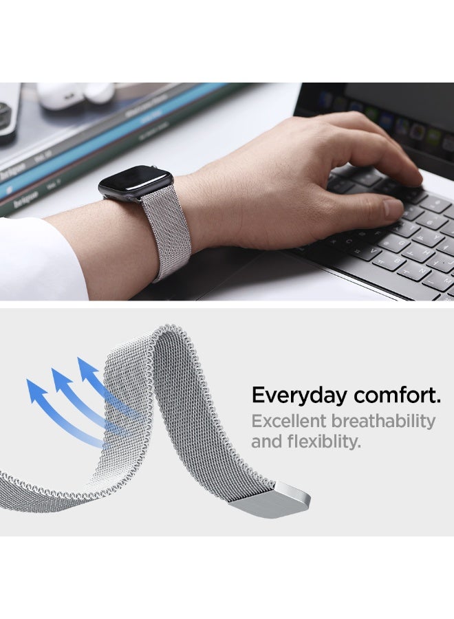 Spigen Metal Fit Apple Watch Band for Apple Watch Ultra 3/2/1 49mm, Series 11/10 46mm, 9/8/7 45mm, SE3/SE2/SE/6/5/4 44mm, 3/2/1 42mm Milanese Band Strap - Silver - Image 5