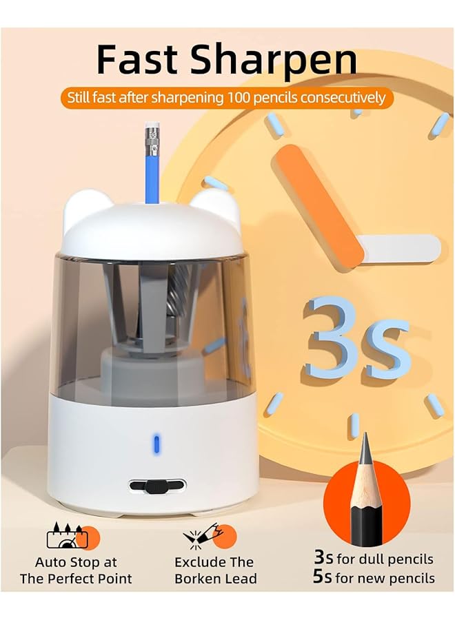 إيروريكس مبراة أقلام كهربائية مبراة أقلام للأقلام الملونة مع خاصية إيقاف التشغيل التلقائي، مبراة أقلام كهربائية حادة وسريعة التوصيل لأقلام ملونة مقاس 6 8 مم رقم 2 للاستخدام المنزلي والمكتبي باللون الأبيض - Image 4