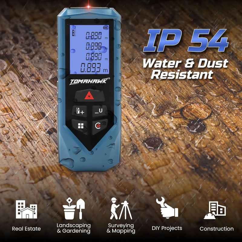 Tomahawk ® TFR-0800 LT Laser Distance Meter MC 80m RL THK | 80m/260ft Range with Backlit LCD | IP54 Waterproof | Versatile Laser Measuring Device | Dust & Water Resistant | GS & CE Certified - Image 5