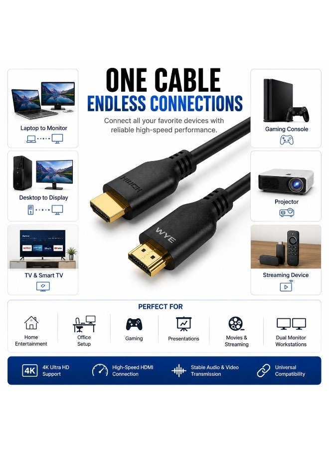 WYE HDMI to HDMI Cable 1.5m | Full HD / 4K Support | High Speed | Durable Build | Compatible with TV, Laptop & Gaming Devices | Black - Image 3