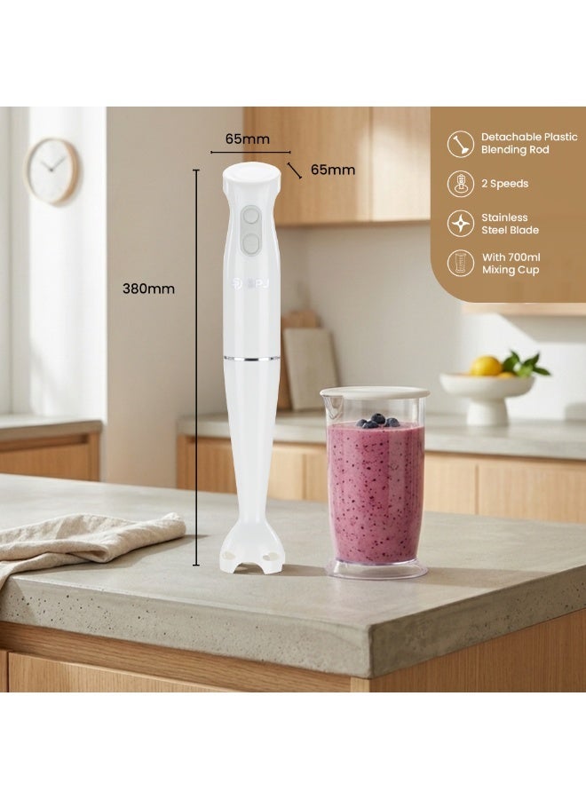 SPJ 400W Hand Blender with 700ml Mixing Cup, 2-Speed Control, Stainless Steel Blades, Detachable Blending Rod, Multi-Purpose Kitchen Blender, White - Image 3
