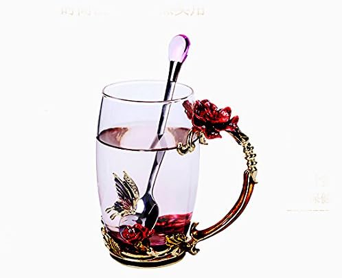 Bestbling Creative Handmade Enamel Home Decoration Enamel Flower Crystal Glass Coffee Tea Water Cup 37CL Rose Red - Image 4