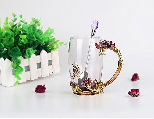 Bestbling Creative Handmade Enamel Home Decoration Enamel Flower Crystal Glass Coffee Tea Water Cup 37CL Rose Red - Image 2